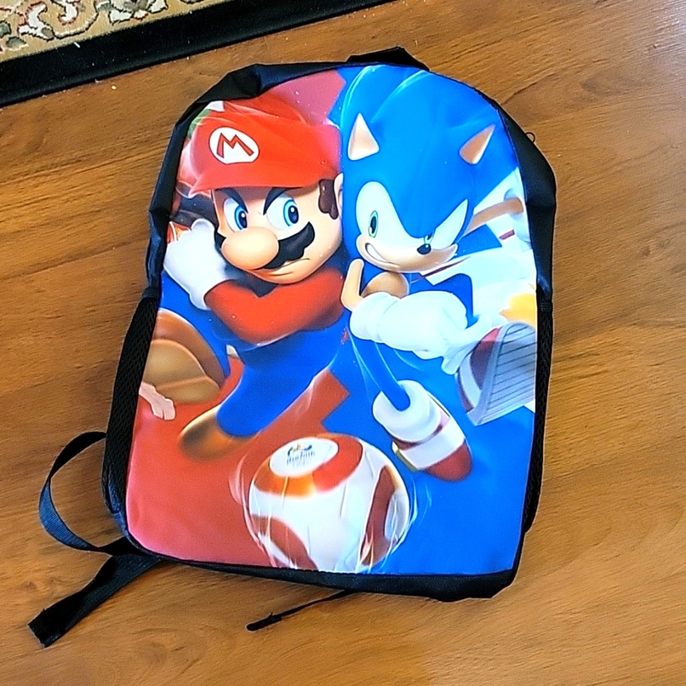 Super Mario Bros kids backpack book bag travel black red blue black 12"x16" New…
